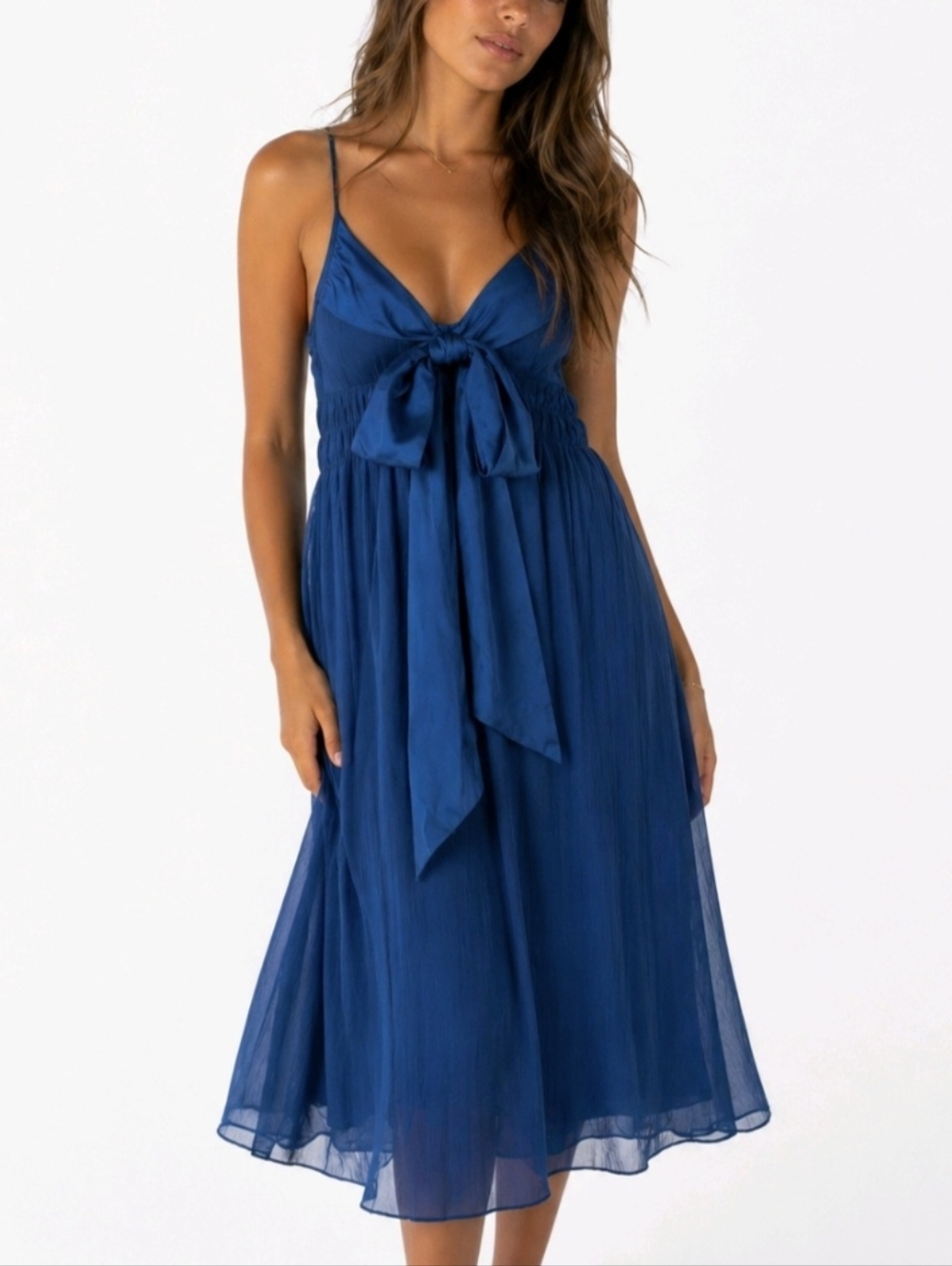 Moulinette Soeurs Party Dress Blue Silk Pleated Bow Midi Size 4